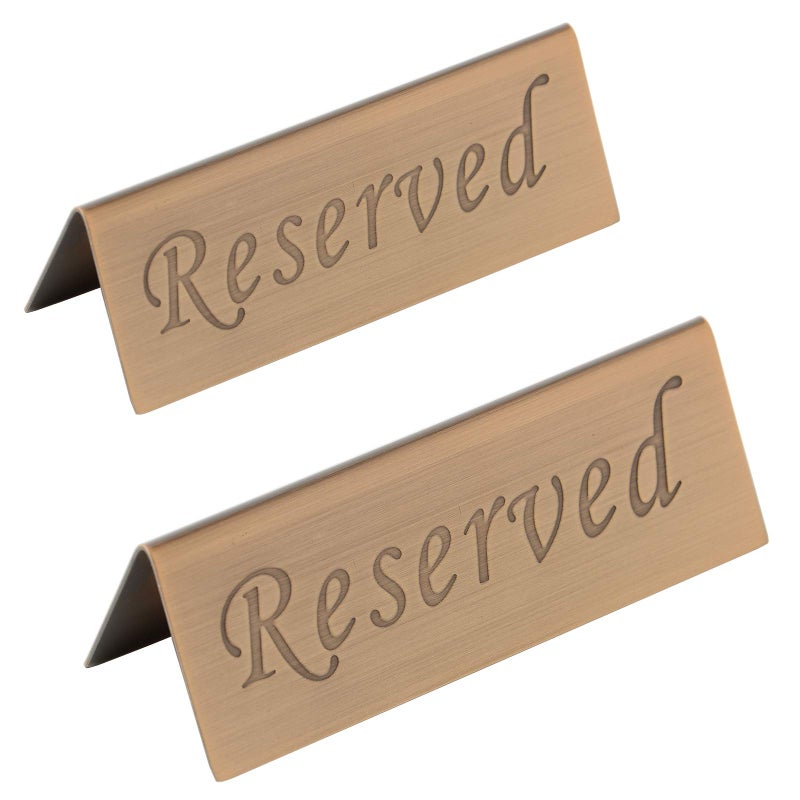 JDYOOMI Reserved Sign - 10 Year's Use Stainless Steel Tabletop Sign Desk Top Stand Tent Signs for Restaurants,Weddings,Events -Double Sided - 4.7 by 1.6 Inch - Set Of 2 (Copper) - Image 1